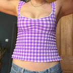 Plaid Gingham Lace Trim Square Collar Slim Fit Y2K Vintage Backless Crop Top image 4