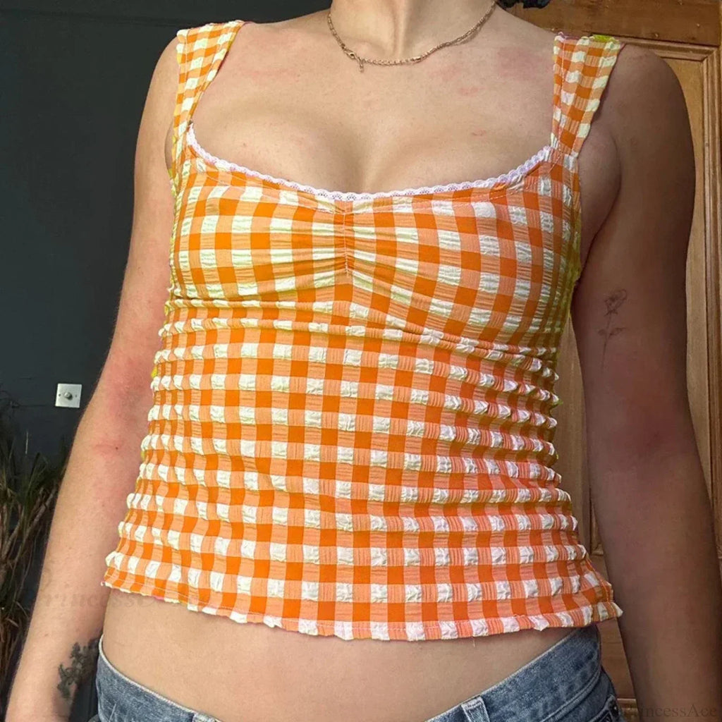 Plaid Gingham Lace Trim Square Collar Slim Fit Y2K Vintage Backless Crop Top image 5