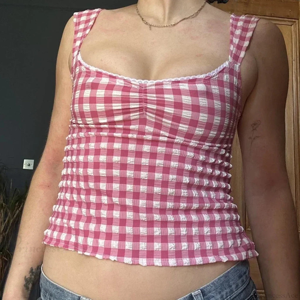 Plaid Gingham Lace Trim Square Collar Slim Fit Y2K Vintage Backless Crop Top image 3
