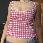 Plaid Gingham Lace Trim Square Collar Slim Fit Y2K Vintage Backless Crop Top image 3