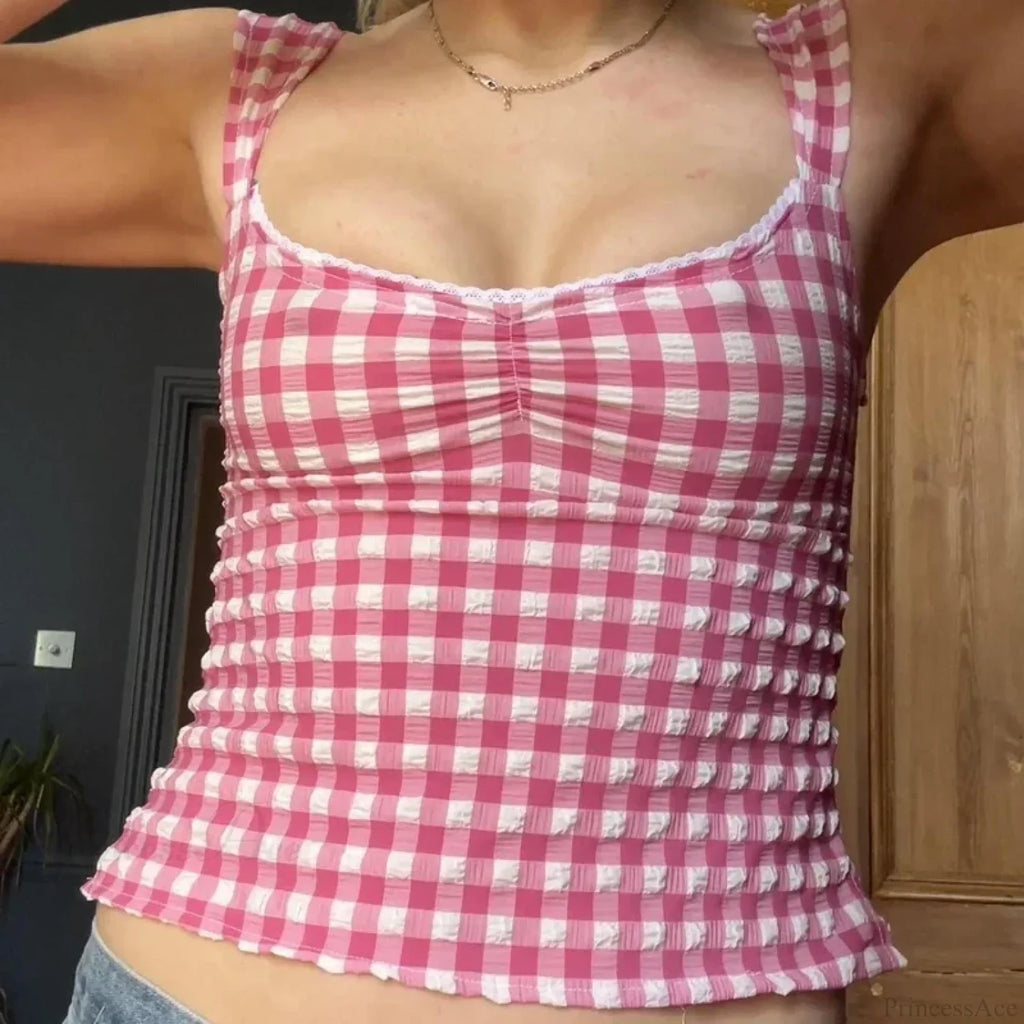 Plaid Gingham Lace Trim Square Collar Slim Fit Y2K Vintage Backless Crop Top image 1