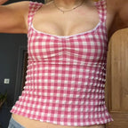 Plaid Gingham Lace Trim Square Collar Slim Fit Y2K Vintage Backless Crop Top image 1