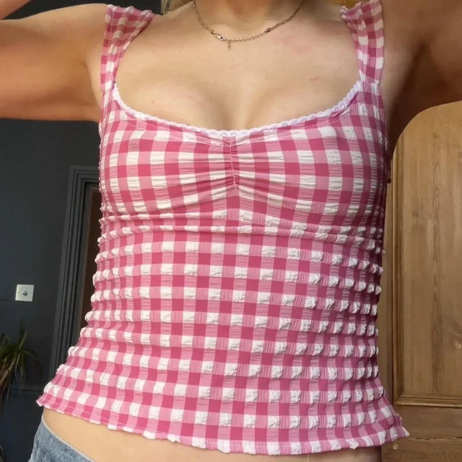 Plaid Gingham Lace Trim Square Collar Slim Fit Y2K Vintage Backless Crop Top image 1