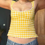 Plaid Gingham Lace Trim Square Collar Slim Fit Y2K Vintage Backless Crop Top image 8