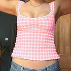 Plaid Gingham Lace Trim Square Collar Slim Fit Y2K Vintage Backless Crop Top image 9