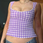 Plaid Gingham Lace Trim Square Collar Slim Fit Y2K Vintage Backless Crop Top image 10