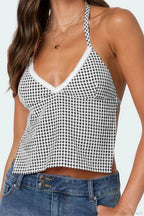 Plaid Halter Backless Deep V-neck Crop Top image 3