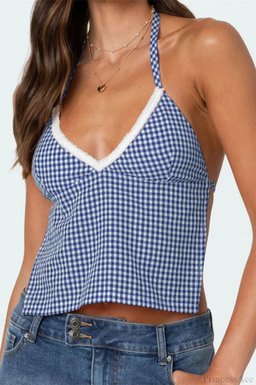 Plaid Halter Backless Deep V-neck Crop Top image 5