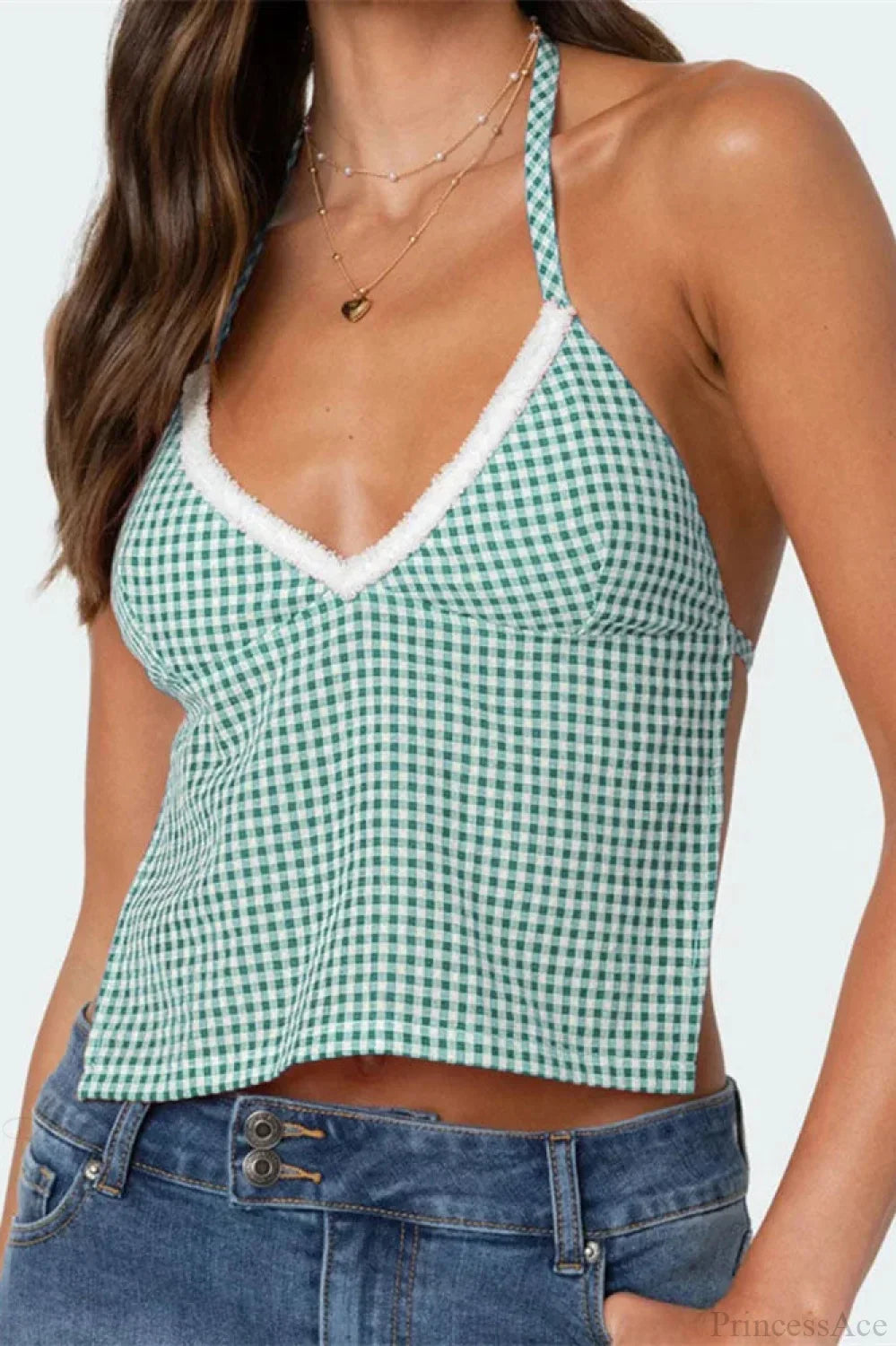 Plaid Halter Backless Deep V-neck Crop Top image 6