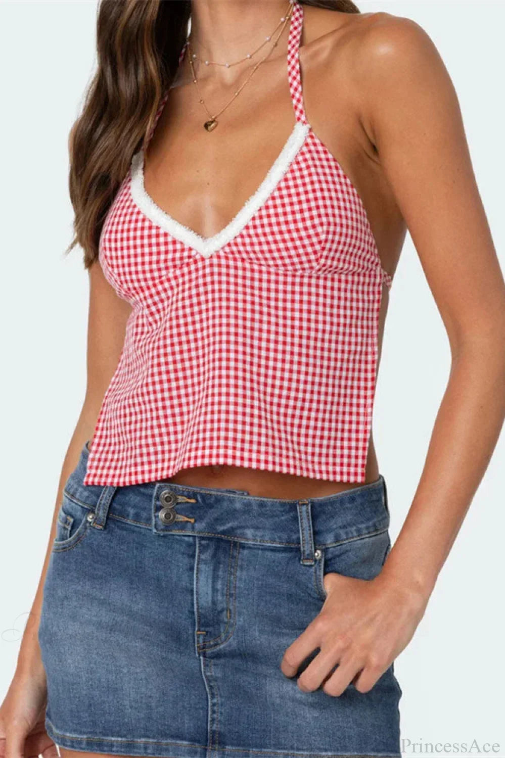 Plaid Halter Backless Deep V-neck Crop Top image 1
