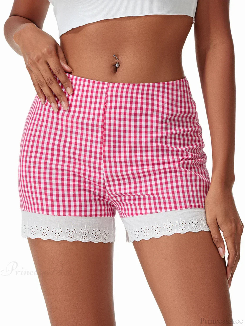 Plaid Lace Crochet Hem Short image 2