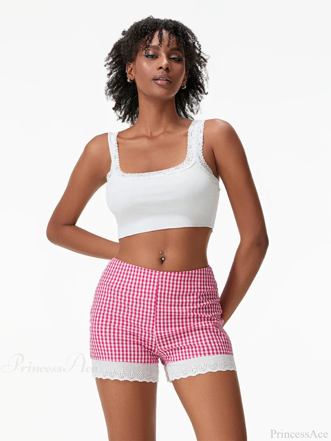 Plaid Lace Crochet Hem Short image 1