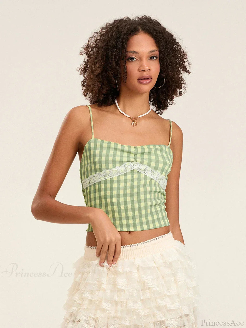 Plaid Lace Patchwork Spaghetti Strap Low-cut Crop Top image 4