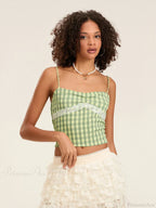 Plaid Lace Patchwork Spaghetti Strap Low-cut Crop Top image 4