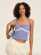Plaid Lace Patchwork Spaghetti Strap Low-cut Crop Top image 1