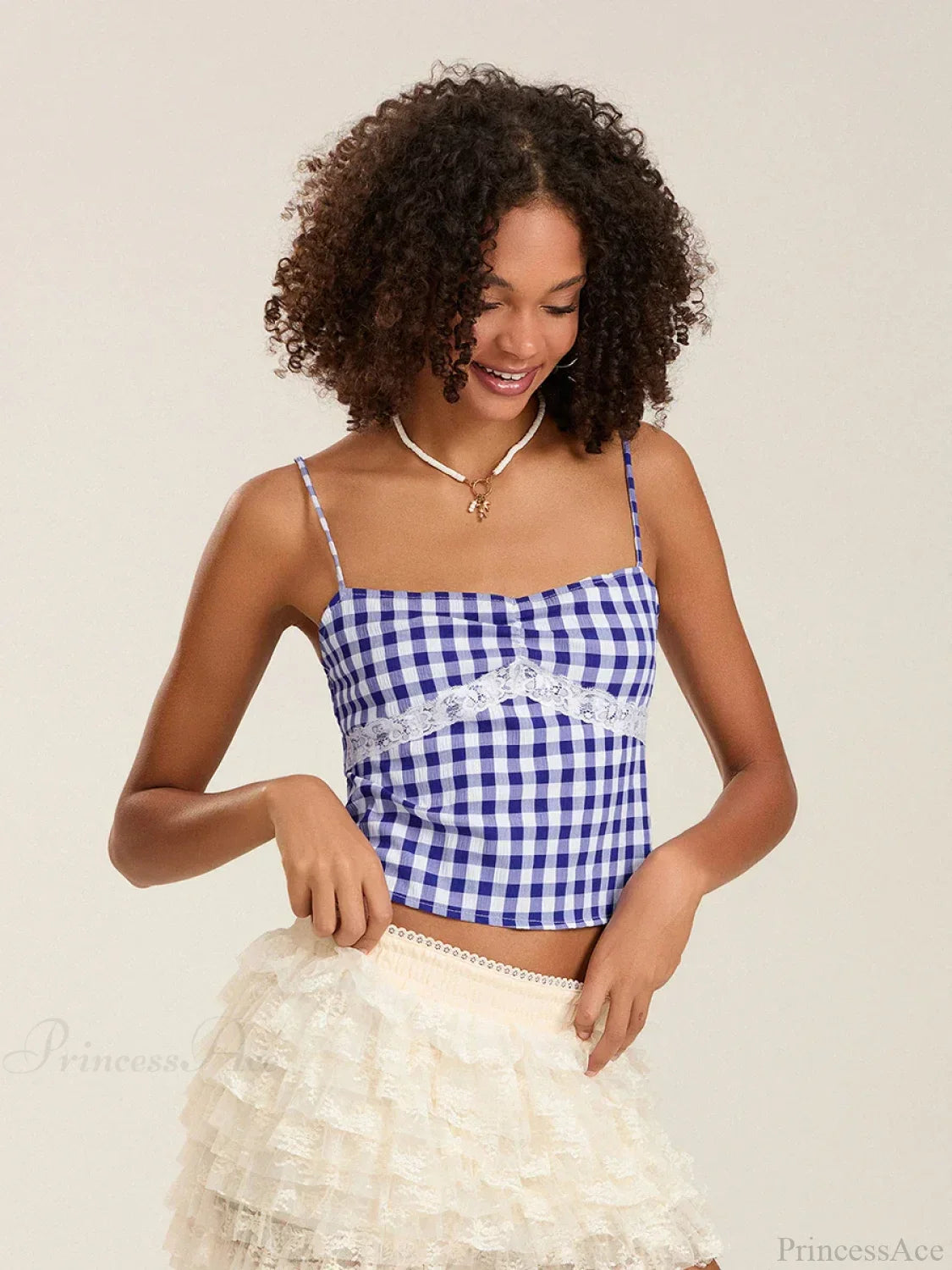 Plaid Lace Patchwork Spaghetti Strap Low-cut Crop Top image 6