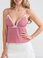Plaid Lace Trim Spaghetti Strap Tank Crop Top image 5