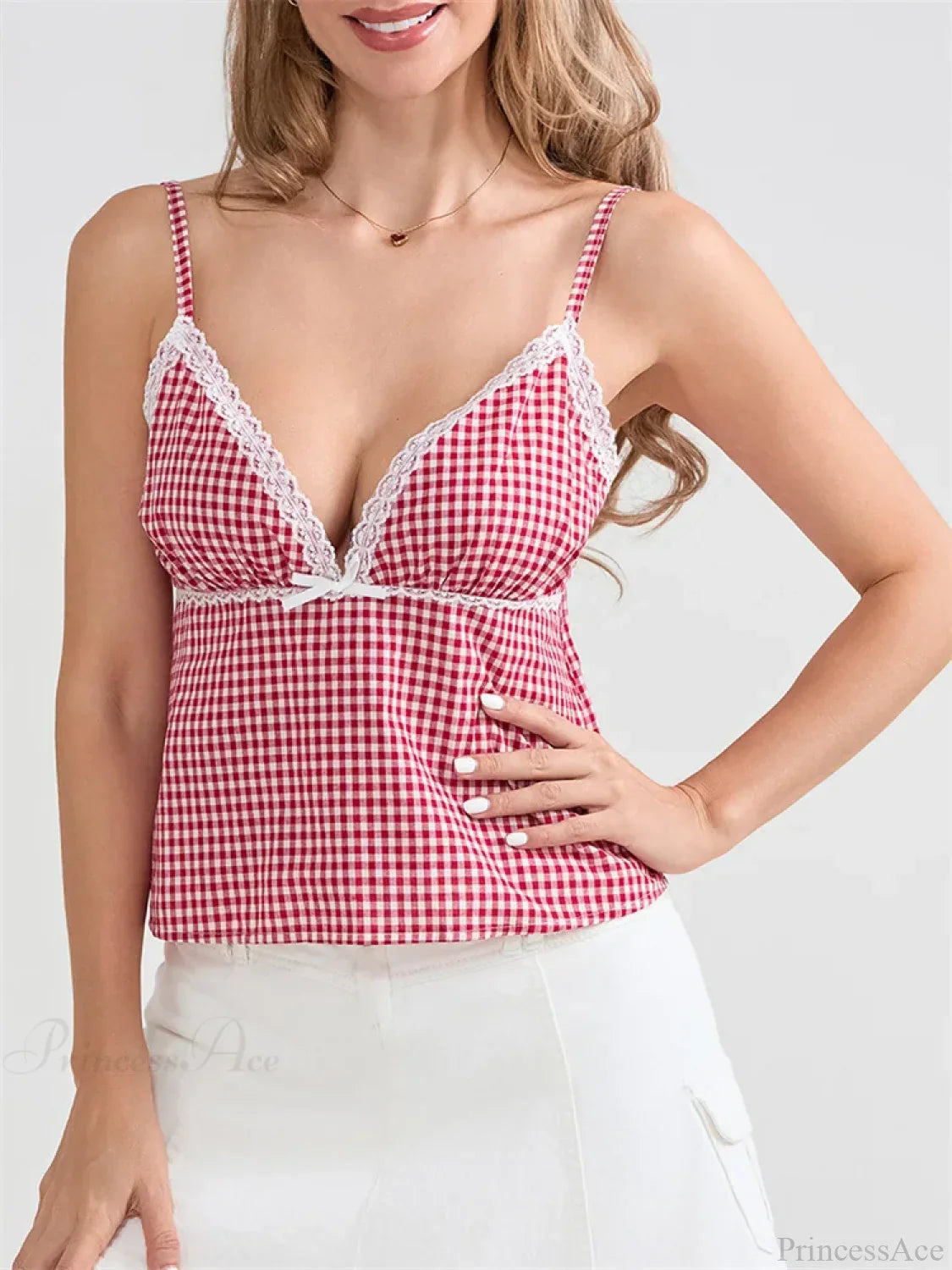 Plaid Lace Trim Spaghetti Strap Tank Crop Top image 5