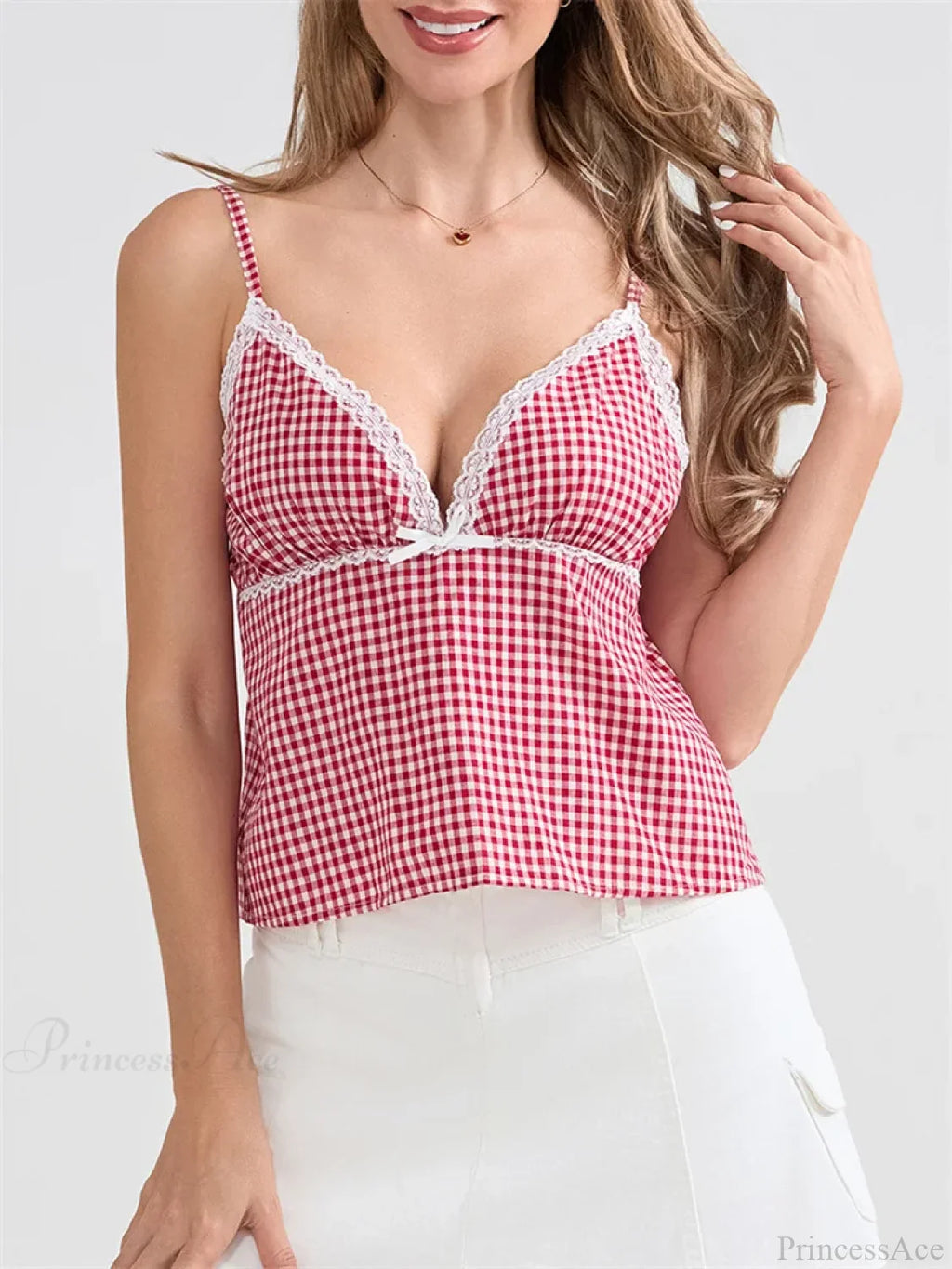 Plaid Lace Trim Spaghetti Strap Tank Crop Top image 6