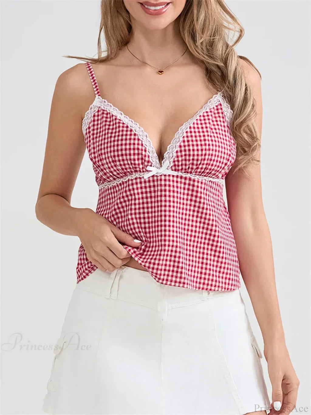 Plaid Lace Trim Spaghetti Strap Tank Crop Top image 2