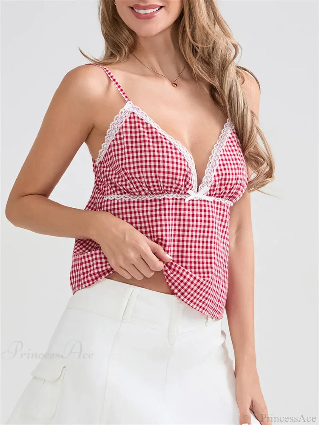Plaid Lace Trim Spaghetti Strap Tank Crop Top image 4