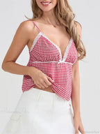 Plaid Lace Trim Spaghetti Strap Tank Crop Top image 4