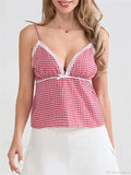 Plaid Lace Trim Spaghetti Strap Tank Crop Top image 1