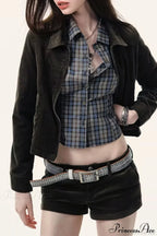 Plaid Long-Sleeve Back Bow-Tie Waist-Slim Blouse image 3