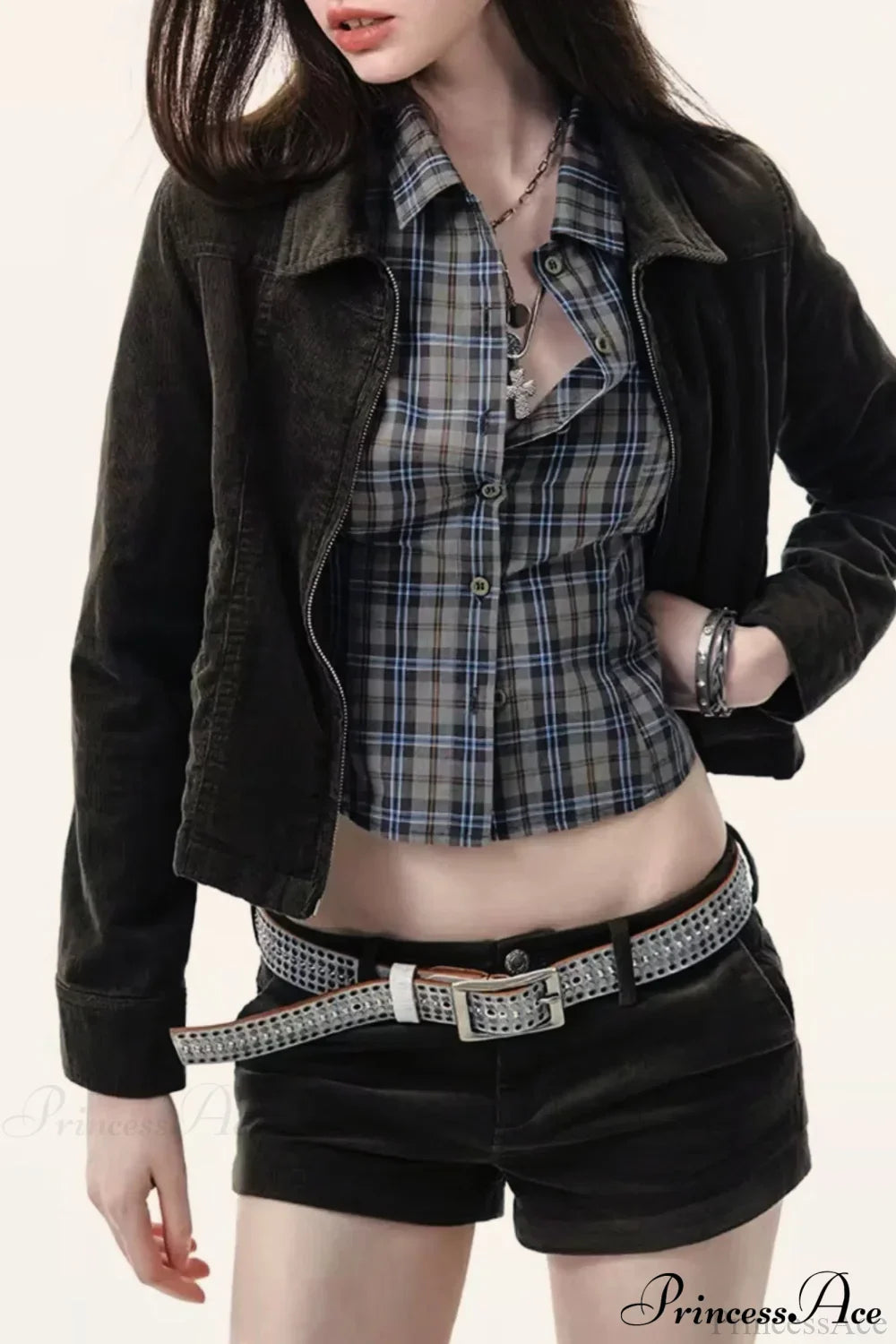 Plaid Long-Sleeve Back Bow-Tie Waist-Slim Blouse image 3
