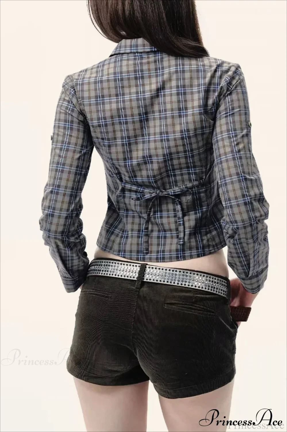 Plaid Long-Sleeve Back Bow-Tie Waist-Slim Blouse image 6