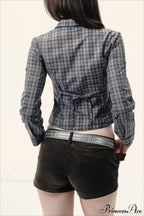 Plaid Long-Sleeve Back Bow-Tie Waist-Slim Blouse image 6