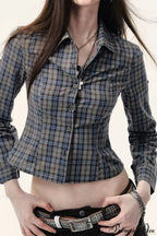 Plaid Long-Sleeve Back Bow-Tie Waist-Slim Blouse image 1