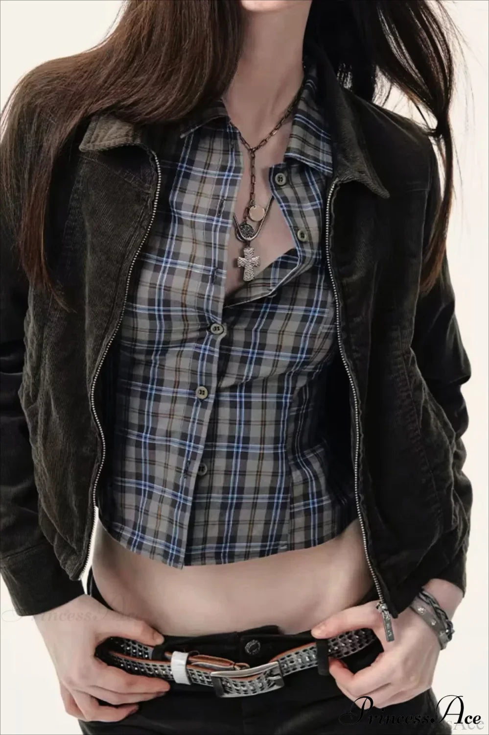 Plaid Long-Sleeve Back Bow-Tie Waist-Slim Blouse image 4