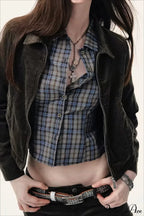 Plaid Long-Sleeve Back Bow-Tie Waist-Slim Blouse image 4