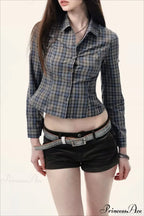 Plaid Long-Sleeve Back Bow-Tie Waist-Slim Blouse image 5