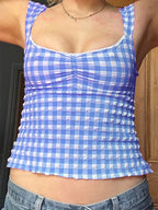 Plaid Low-cut Lace Backless Strap Tank Crop Top image 3