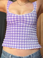 Plaid Low-cut Lace Backless Strap Tank Crop Top image 4