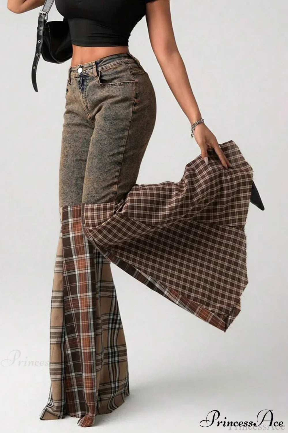 Plaid Patchwork Flared Denim High Waist Jeans image 2
