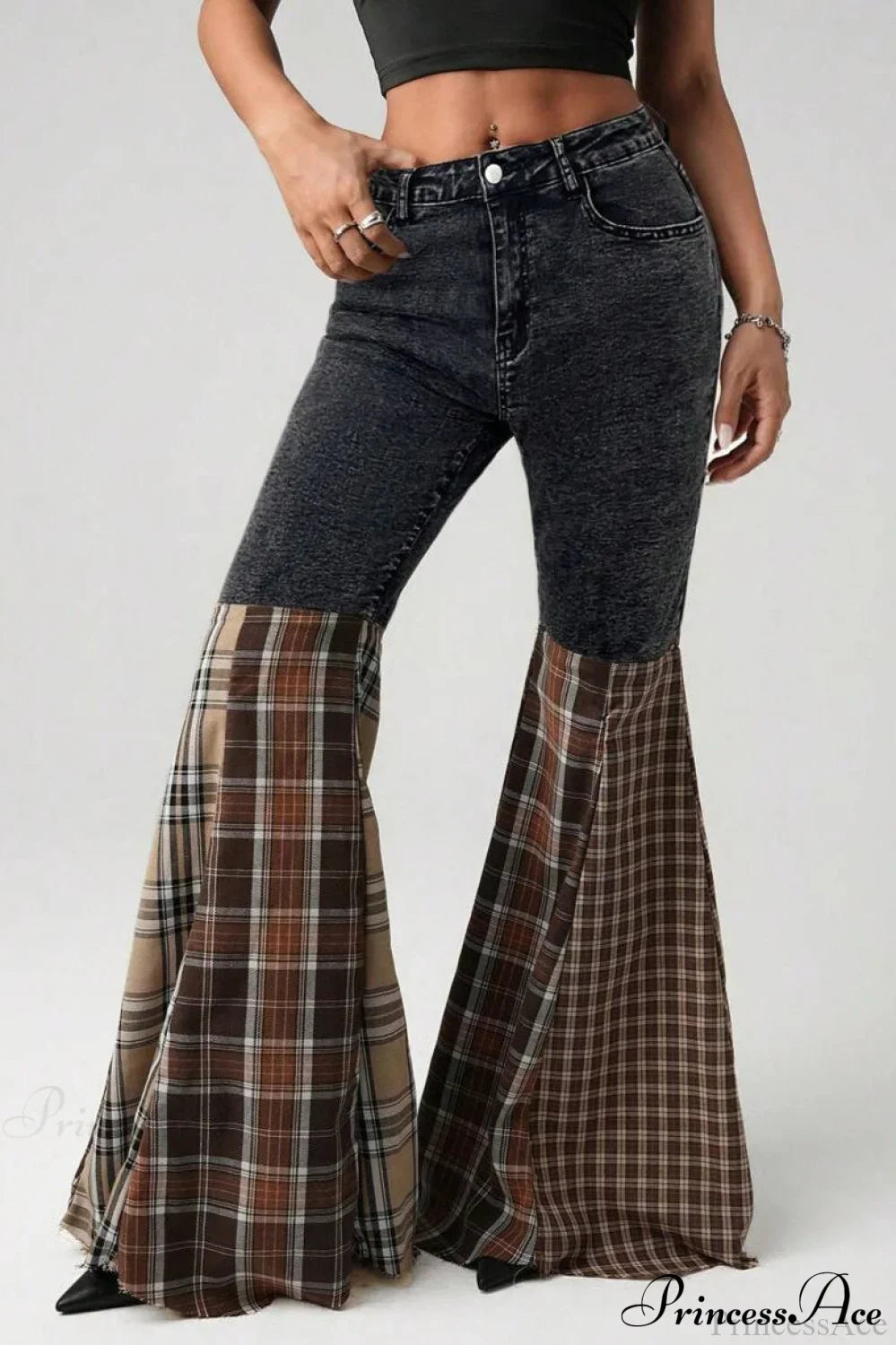 Plaid Patchwork Flared Denim High Waist Jeans image 4