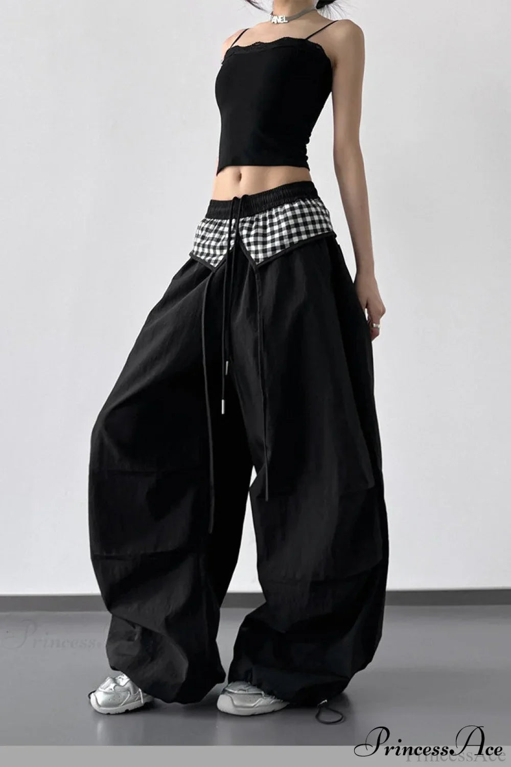 Plaid Pleated Layering Parachute Pants image 6