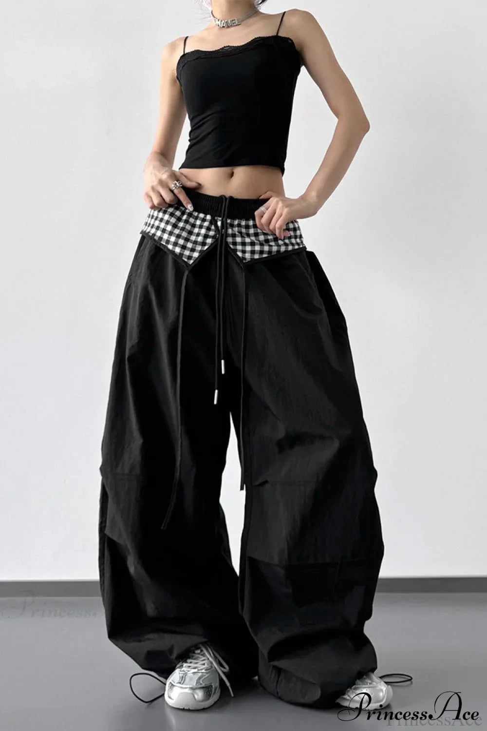 Plaid Pleated Layering Parachute Pants image 4