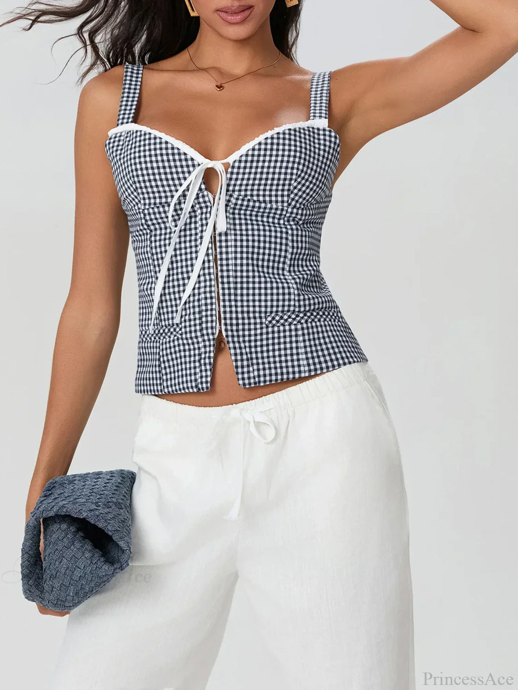 Plaid Print Backless Sleeveless Low Cut Tied Crop Vest image 3