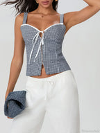 Plaid Print Backless Sleeveless Low Cut Tied Crop Vest image 3