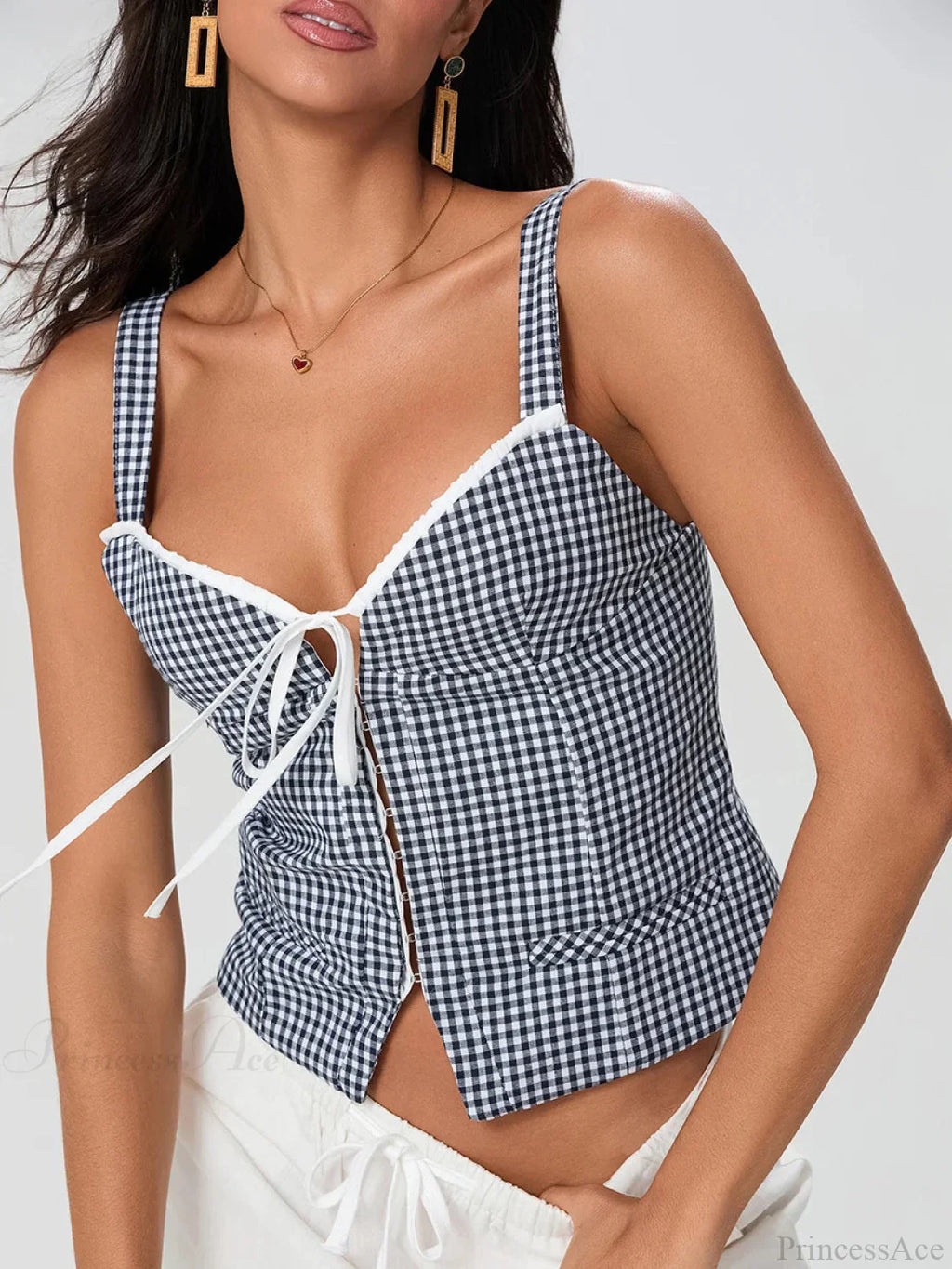 Plaid Print Backless Sleeveless Low Cut Tied Crop Vest image 2