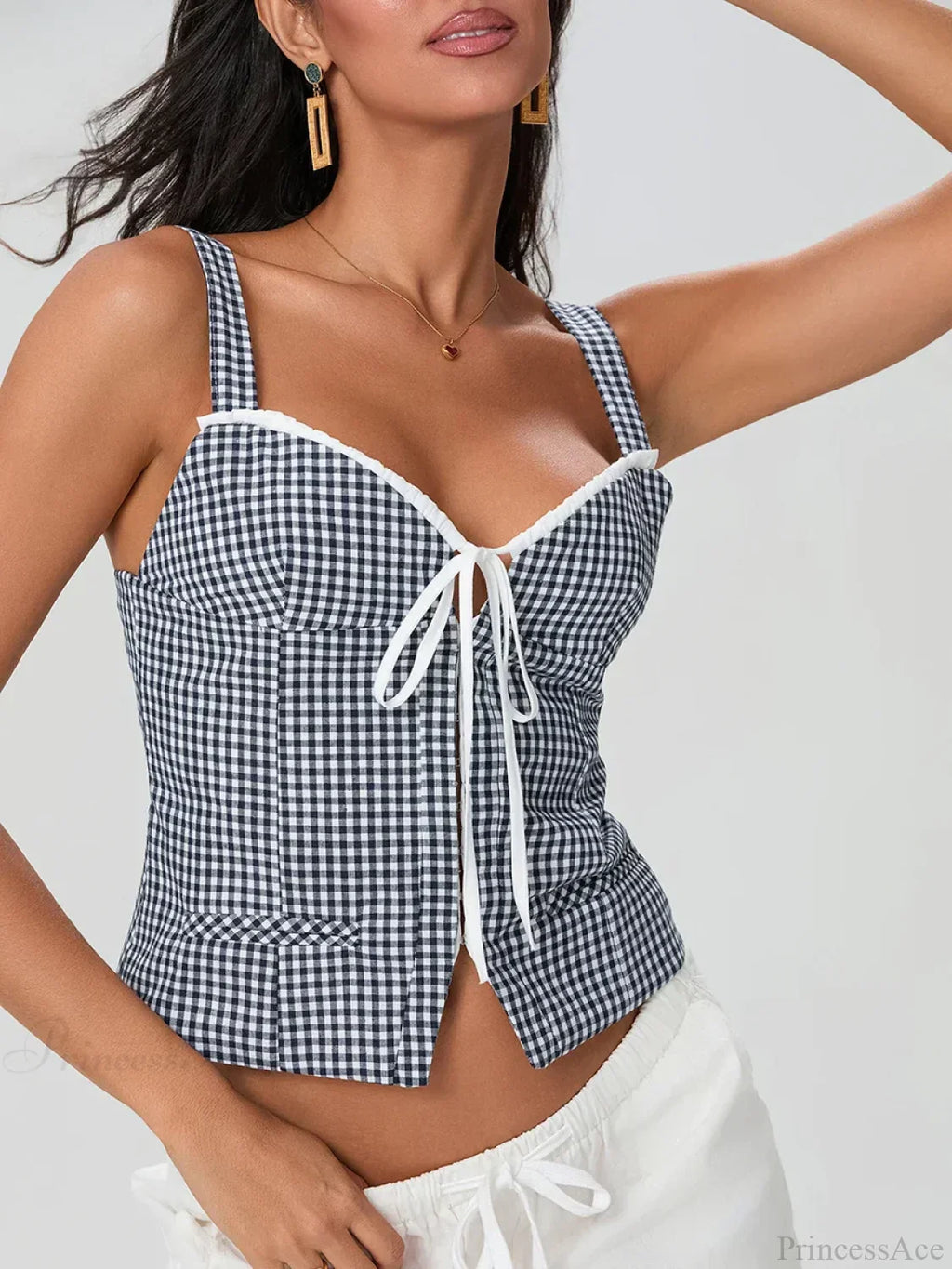 Plaid Print Backless Sleeveless Low Cut Tied Crop Vest image 1
