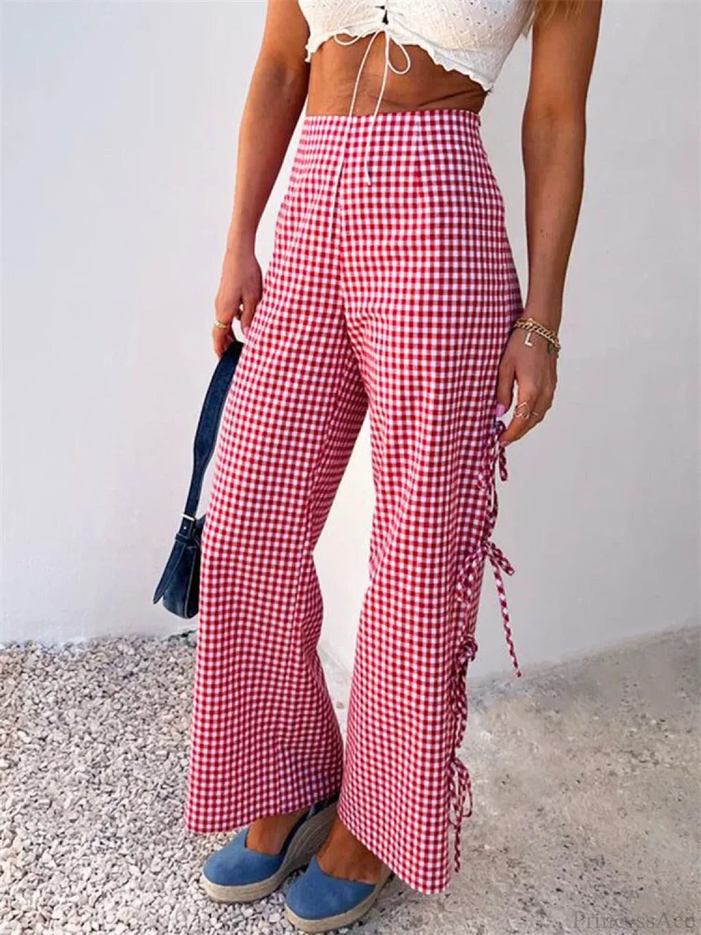 Plaid Print Lace-Up Side Hollow Casual Wide Pant image 3