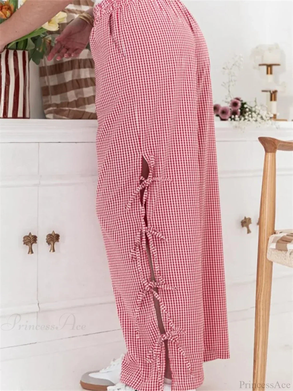 Plaid Print Lace-Up Side Hollow Casual Wide Pant image 2