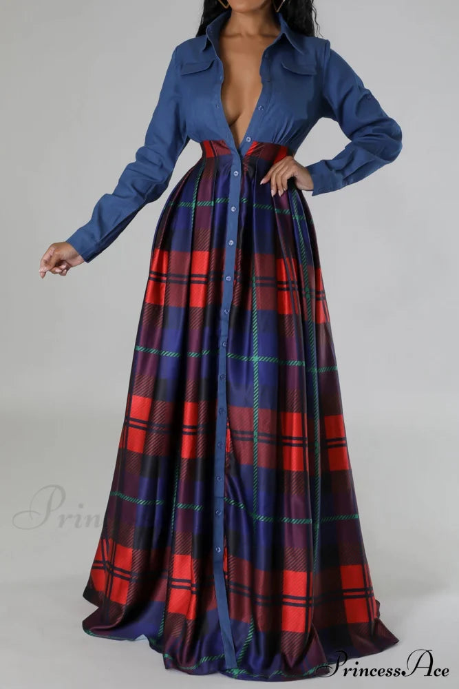 Plaid Printed Shirt Dress with Lapel image 3