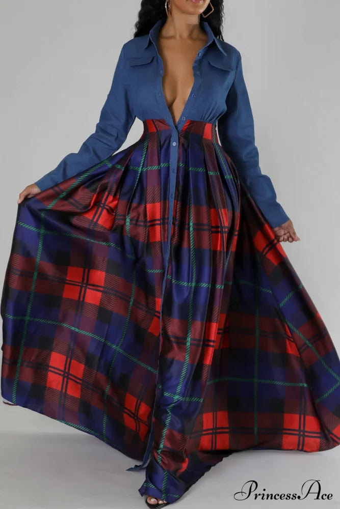 Plaid Printed Shirt Dress with Lapel image 1