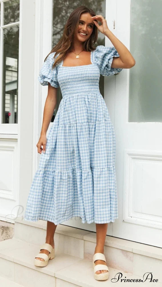 Plaid Puff Stylish Sleeve Midi Dress image 13
